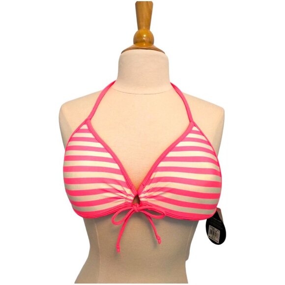 NWT⭐Body Glove Push Up Tie Neck Cleavage builder bikini top Neon Pink Stripes - Picture 3 of 16